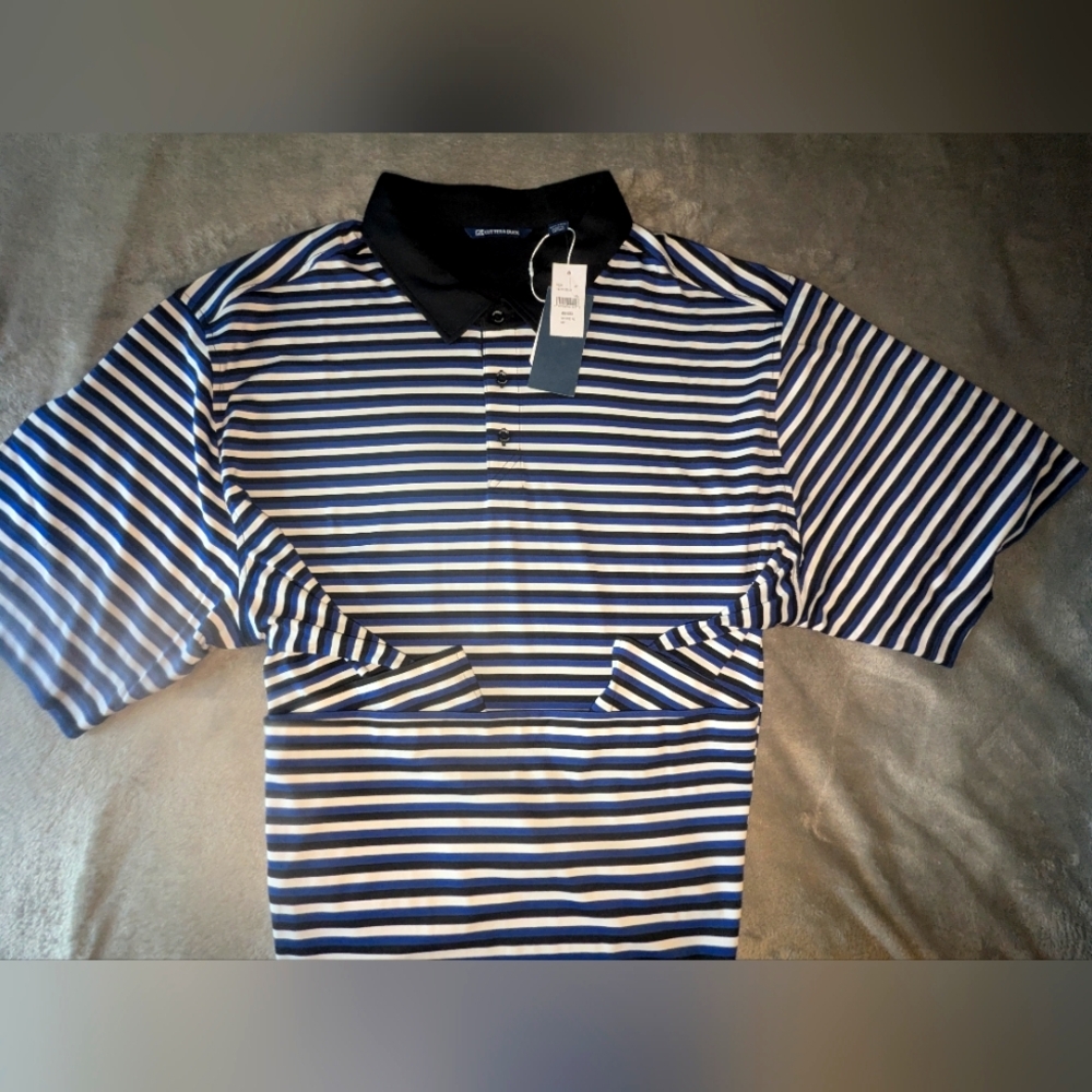 Never Worn Cutter & Buck Striped Polo Shirt with Black Collar